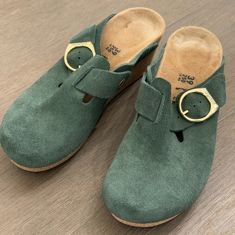 Birkenstock Fanny Suede Slip-On Clogs with Gold Buckle